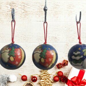 3 Vintage 1996 Decoupage Christmas Ball Ornaments With Red String. Santa Claus